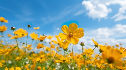 Obraz premium Field of yellow flowers with Australian native bush in the background