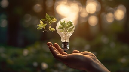 The concept of ecology, trees, soil, sunlight, rising from the lamp on black background. The bulb inside the tree with the globe. illustration