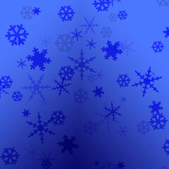 Pattern of snowflakes on a blue-purple background. The brightness of snowflakes conveys depth.