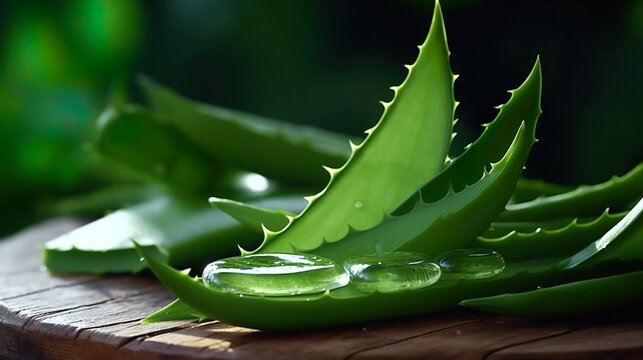 aloe Vera leaf HD Stock Photographic Image with drops of water gel herbal medecine