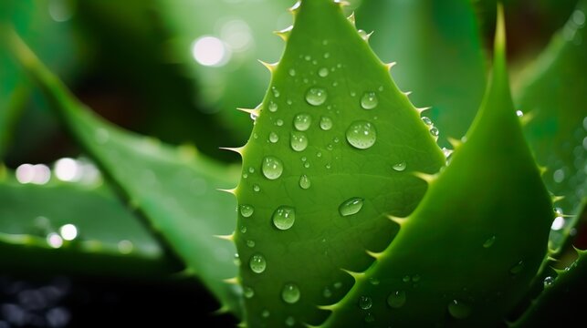 aloe Vera leaf HD Stock Photographic Image with drops of water gel herbal medecine