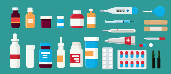 Pharmacy set items. Medicines, medical products. Vector illustration in flat cartoon style. - obrazy, fototapety, plakaty
