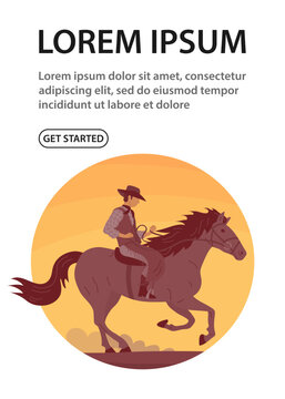 Cowboy man in a hat rides a horse. Desert and hot sunset. Wild West, western, rodeo and horse racing. Cartoon vector illustration. Design for website, banner