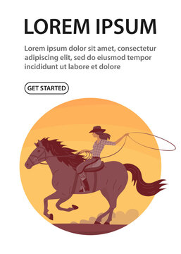 Beautiful cowboy girl in a hat rides a horse. Athletic agile woman swinging rope lasso. Wild West, western, rodeo and horse racing. Design for poster, banner, website. Cartoon vector illustration