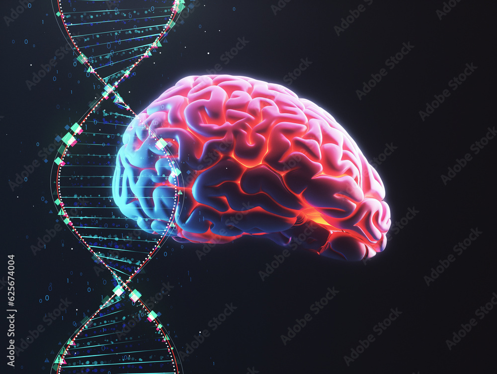 Poster concept research and analysis of human brain and dna on dark background. generative ai