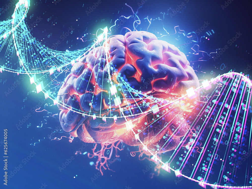 Poster bioengineering and science concept with human brain and dna symbols on blue background. generative a