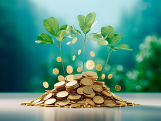 Inspiring concept of growth and prosperity depicted through gold coins and a green plant against a vibrant blue backdrop. Emphasis on cycle of wealth: accumulation, growth, rebirth. Generative AI