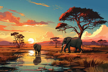 Fototapeta na wymiar vector flat color cartoon illustration of Elephants in paradise, Idyllic savanna setting with elephants amidst natural beauty