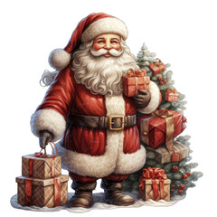 Christmas cartoon Santa Clause christmas tree, in the style of highly detailed realism, na&iuml;ve drawing, realistic still life paintings isolated on transparent background png - Generative AI