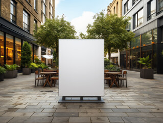 Blank white isolated advertising banner with metal frame on light city street background, mockup. Generative AI