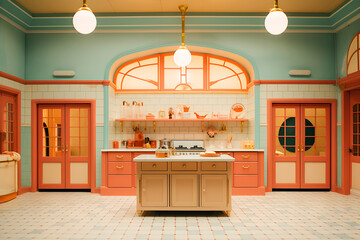 Generative AI. visual style in orange and blue colors kitchen with wardrobe in retro style. vintage aesthetics of the 60s - obrazy, fototapety, plakaty