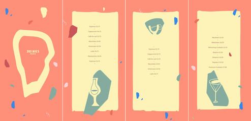 Drinks menu design template. Champagne. Wine. Cocktails. Abstract decorative shapes. Vector illustration. List, banner, booklet, flyer, brochure. 