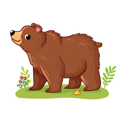Brown bear stands in a forest clearing. Vector illustration with forest animal.