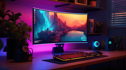 A gaming computer with RGB LED lighting on the desk