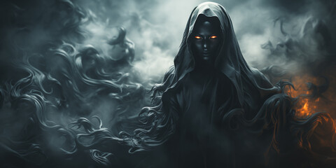 Dark scene with a woman in a black hooded cloak standing in the middle of the smoke and fire