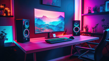 A gaming computer with RGB LED lighting on the desk