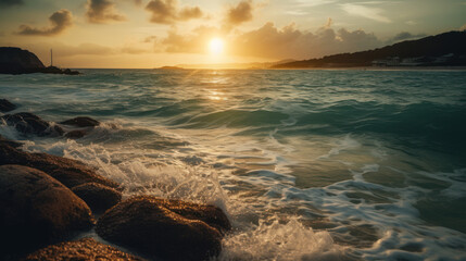Obraz premium Sunrise with scenic cloudscape of paradise exotic island beach and tropical caribbean sea.