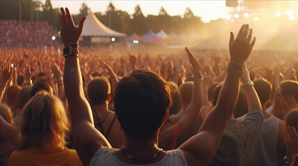 Back view of people at live summer music festival, people raising hands