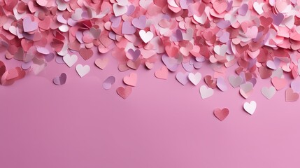Obraz premium Cute pink pastel hearts on pink paper background. Flat lay. Pink paper heart cutouts on white backdrop