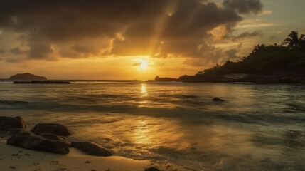 Sunrise with scenic cloudscape of paradise exotic island beach and tropical caribbean sea.