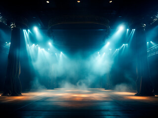 Large smokey concert stage background with wooden floor, curtains and spotlights, mockup. Generative AI