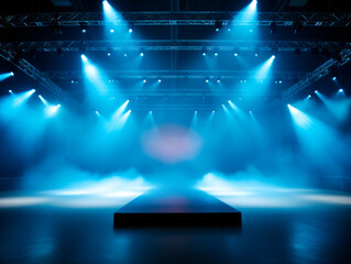 Obraz na płótnie Canvas Empty modern fashion stage background with blue fog, podium and ceiling spotlights, mockup. Generative AI