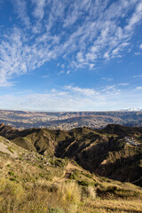 View from the impressive landmark Muela del Diablo down into the valley with the highest capital and vibrant city La Paz and El Alto in Bolivia