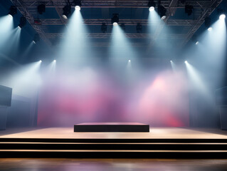 Modern empty stage backdrop with fog and ceiling spotlights, mockup. Generative AI