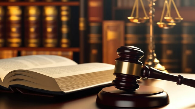 Close-up of judge gavel and books on the desk in the law office room