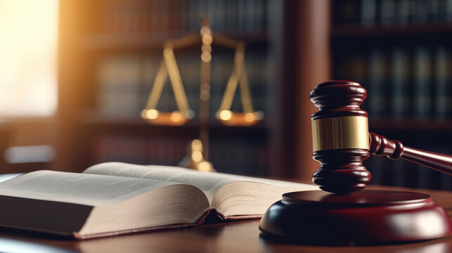 Close-up of judge gavel and books on the desk in the law office room