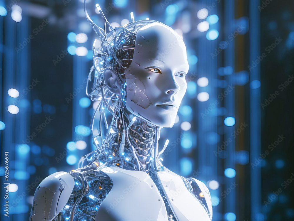 Poster Closeup of white female cyborg head with neural network on blue lights blurred, robotics and artificial intelligence concept. Generative AI