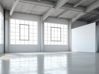 Perspective view of blank white wall in a modern sunny loft interior with concrete floor, mockup background. Generative AI