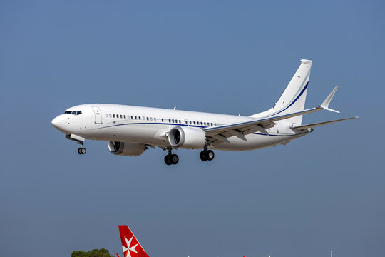Luqa, Malta - July 20, 2023: Jet Aviation Business Jets Boeing 737-8 MAX BBJ (REG: VP-CMA) arriving runway 31 from Bordeaux.
