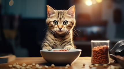 Fototapeta na wymiar Cute cat eating cat food