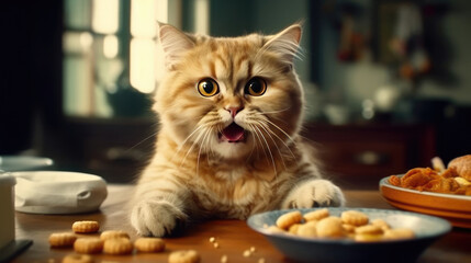 Naklejka na ściany i meble Cute cat eating cat food
