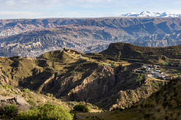 Scenic landscape at the viewpoint Muela del Diablo and the mountains surrounding the highest capital and vibrant city La Paz and El Alto in Bolivia