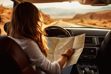 Woman traveling alone sitting in car with map, AI Generated 