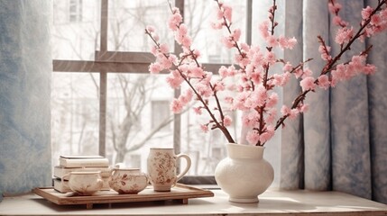 Wooden plant branch with yellow leaves in glass vase, it is placed on wooden table counter and white wall background. Japanese cozy style decoration