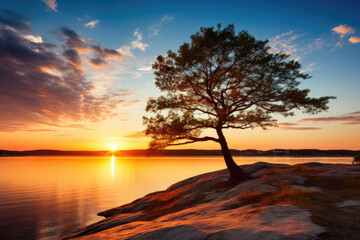 Fototapeta na wymiar pine tree on a rocky shore at sunrise