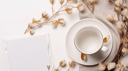 Coffee cup and blank paper card on beige table with aesthetic sun light shadow, minimalist neutral business branding mockup