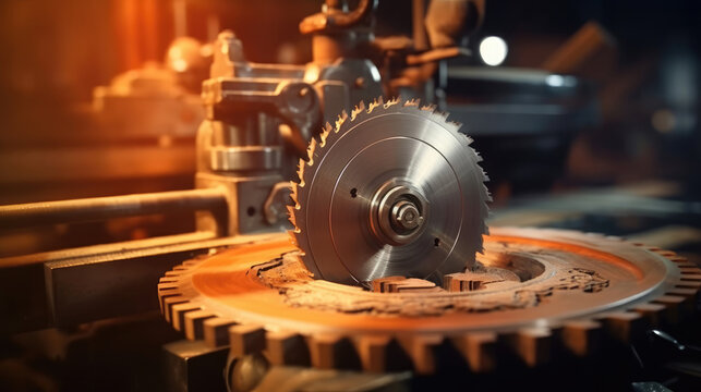 Close-up of a disc saw for furniture wood processing