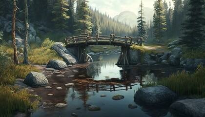 branch over the river illustration in landscape