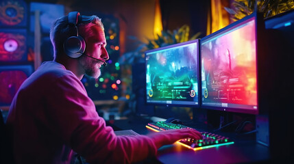 Professional gamers play video games on rgb pc