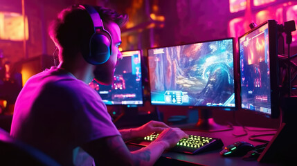 Professional gamers play video games on rgb pc