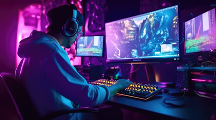 Professional gamer girl plays video games on RGB pc