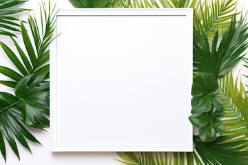 Palm leaves on summer background with blank white frame for design and decoration