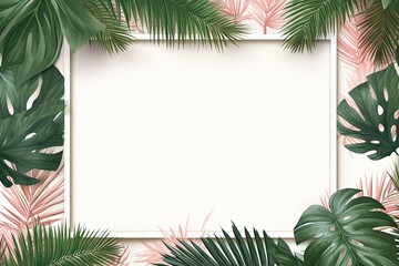 Fototapeta na wymiar Palm leaves on summer background with blank white frame for design and decoration