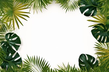 Naklejka na ściany i meble Palm leaves on summer background with blank white frame for design and decoration
