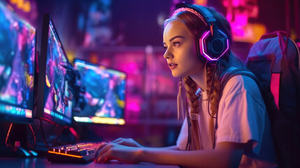 Professional gamer girl plays video games on RGB pc - obrazy, fototapety, plakaty