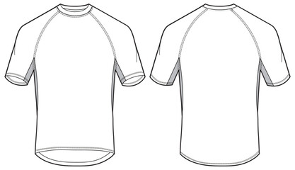 Men's Raglan sleeve Crew neck T Shirt flat sketch fashion illustration drawing template mock up with front and back view, Compression  Tight T-Shirt
